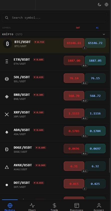 XTechTerminal mobile markets screen listing crypto pairs with bid and ask prices