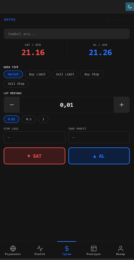 XTechTerminal mobile order ticket with lot size, stop loss, take profit and buy/sell buttons